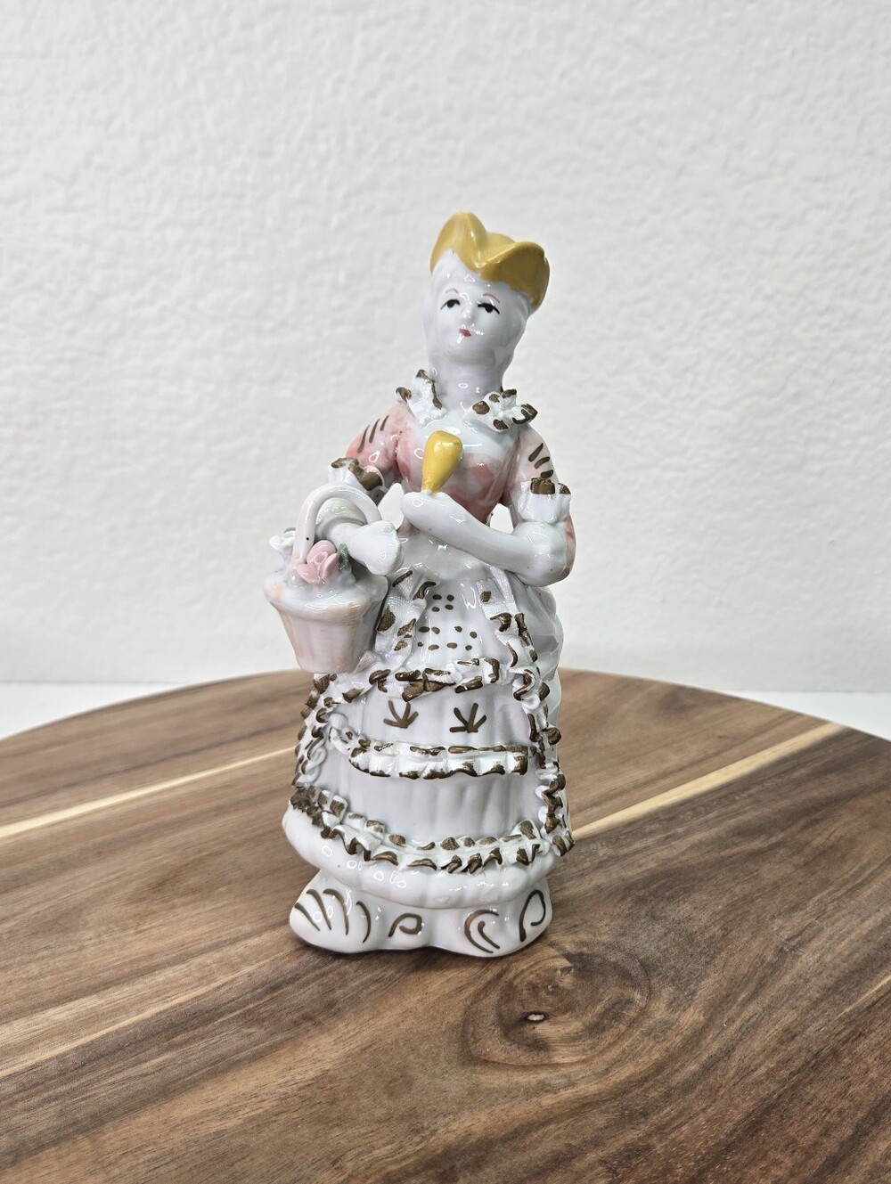 VTG Porcelain Victorian Lady Figurine Flower Basket Pink Dress Gold Trim Regal